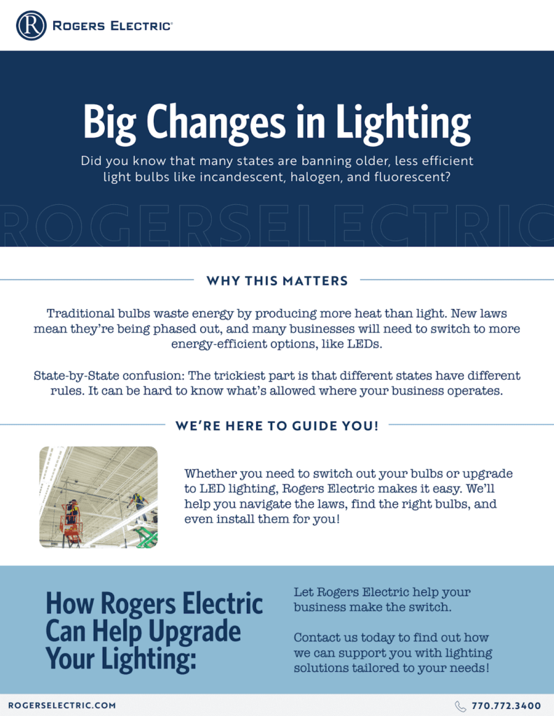 big changes in lighting infographic from Rogers Electric explaining the fluorescent light ban