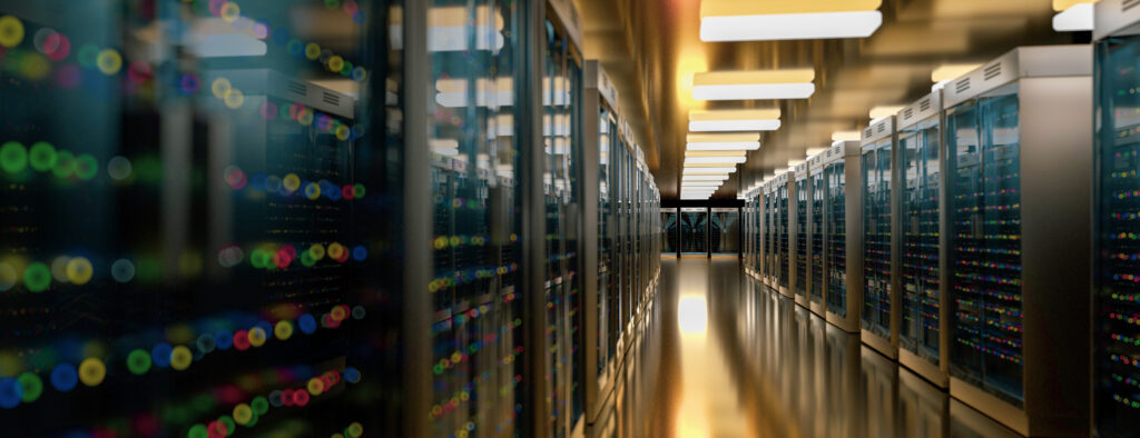 Server racks in server room cloud data center. Datacenter hardware cluster. Backup, hosting, mainframe, mining, farm and computer rack with storage information. 3D rendering. 3D illustration